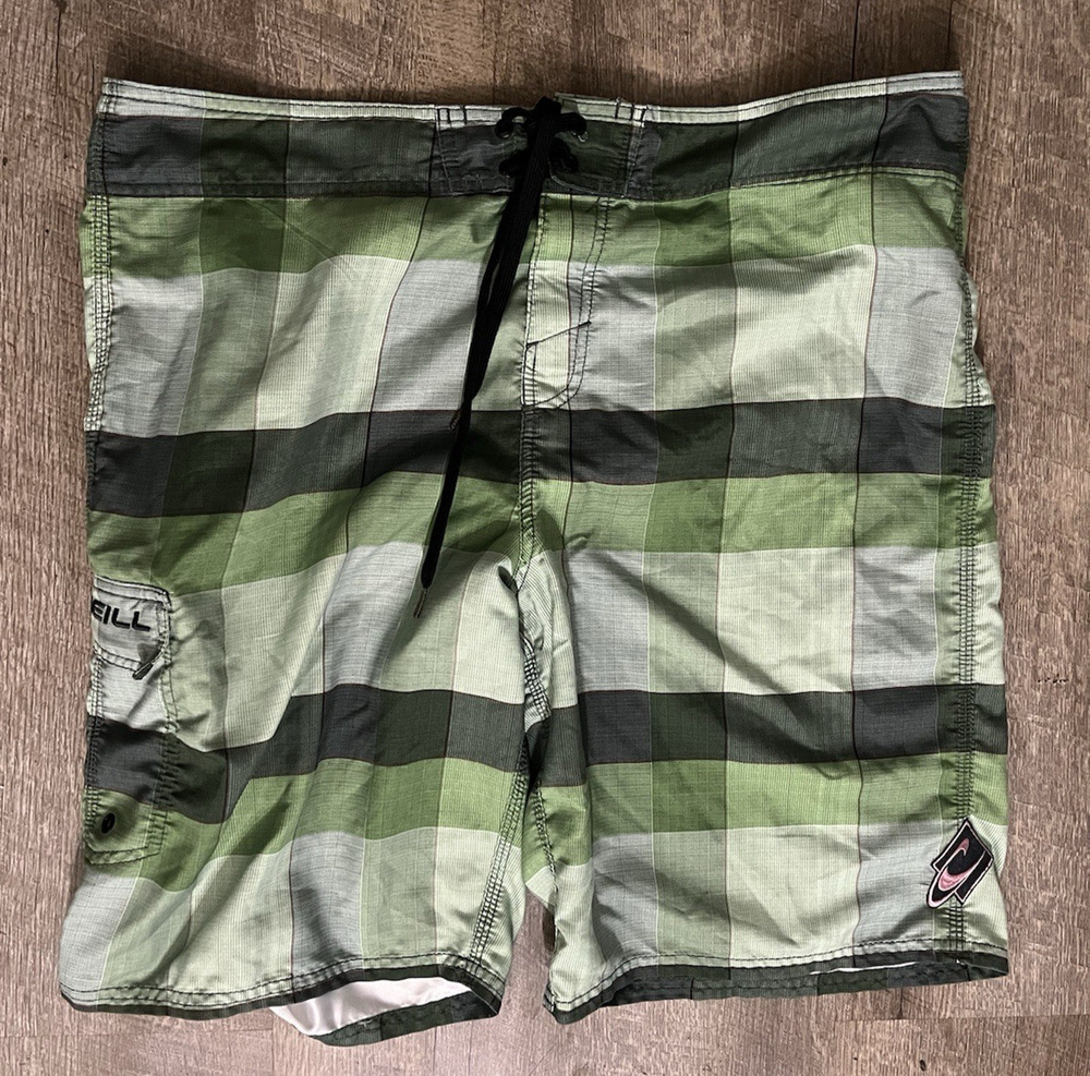 Y2K O'Neill Board Shorts Men's 38 Green Plaid Swim Trunks Surf Beach